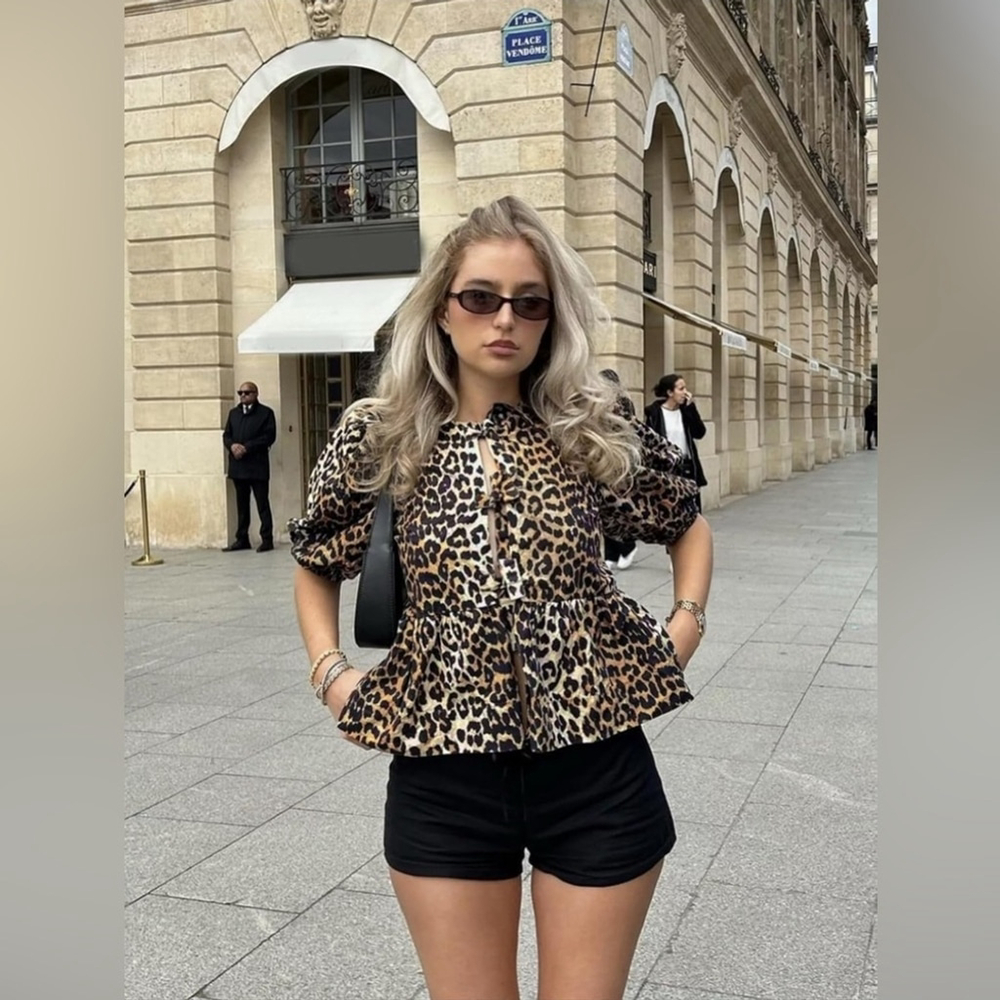 NEW Leopard Tie Front Peplum Babydoll Puff Short Sleeve Blouse Shirt XL - Picture 5 of 7